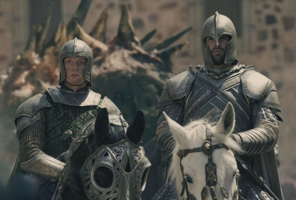 two men in armor riding horses